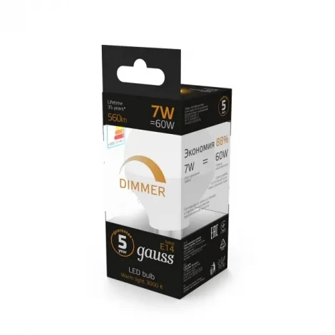 Лампочка светодиодная E14 6,5 Вт 610 lm 2700K теплое свечение Gauss 105101107