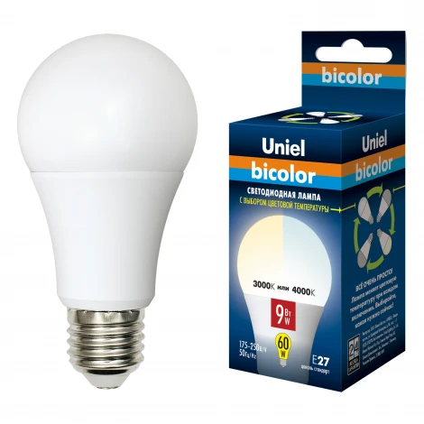 Лампочка светодиодная груша белая E27 9W 3000-4000K Uniel LED-A60-9W/WW+NW/E27/FR PLB01WH