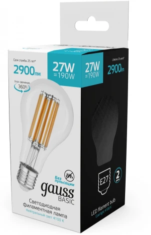 Лампочка светодиодная филаментная Gauss Filament 40712272 А70 27W 2900lm 4100К Е27 LED