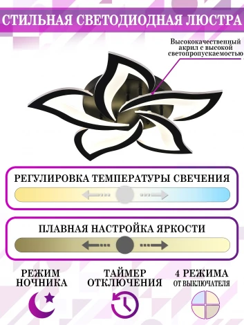 Потолочная люстра Natali Kovaltseva INNOVATION STYLE 83002 BLACK (регулировка яркости, LED, 220V, пульт управления, цветы)