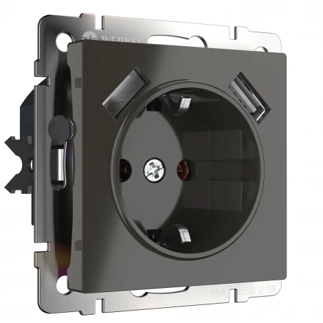 Розетка с заземлением, шторками и USBх2 (серо-коричневый WL07-SKGS-USBx2-IP20 (a036332)