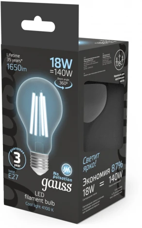 Лампочка светодиодная филаментная Gauss Filament 102902218 А60 18W 1650lm 4100К Е27 LED
