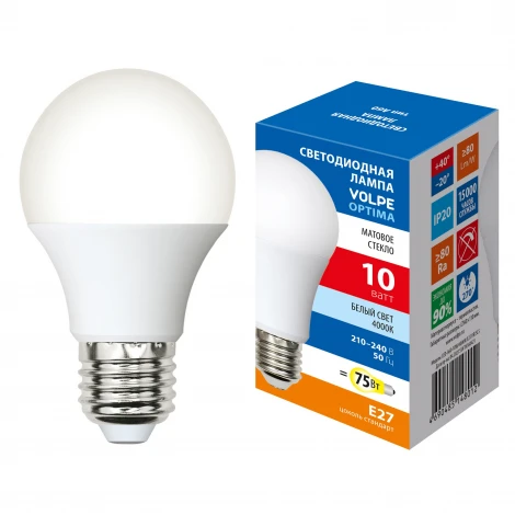 Лампа светодиодная матовая, белый свет 4000K Volpe Optima LED-A60-10W/4000K/E27/FR/SLS