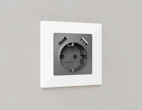Лицевая панель Ambrella Volt ALFA (Антрацит серый) для электрической розетки с заземлением со шторками 2USB A+A QUANT AP6590