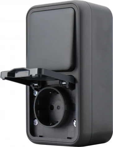 Двойной блок накладной, розетка с защитной крышкой+переключатель 1-клавишный, цвет антрацит IP55 Donel W55 DIP20628