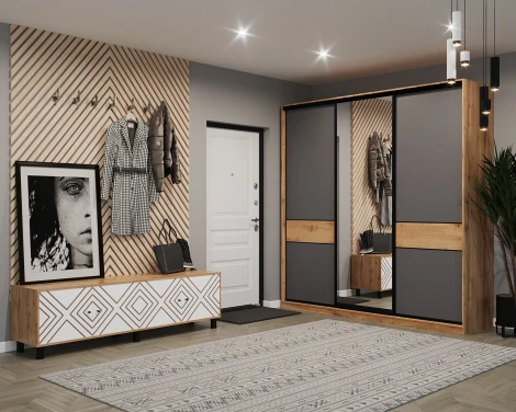 Шкаф-купе,184*60, Дуб вотан, Серый с зеркалом МАМА SLIM 102207