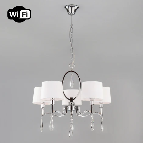 Подвесная люстра Wi-Fi Eurosvet Madera 10127/5 хром/прозрачный хрусталь Strotskis Smart (10093/5) (220V, управление смартфоном, голосовое управление, умный дом - Minimir Home, Алиса, Маруся, Салют, на цепи)