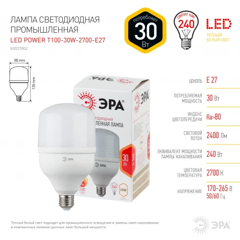 Лампочка светодиодная E27 30W ЭРА LED POWER T100-30W-2700-E27
