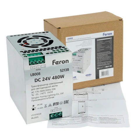 Трансформатор электронный для светодиодной ленты и оборудования на DIN-рейку 480W 24V Feron LB008 52138