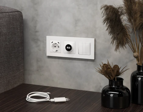 Комплект механизма электрической розетки с заземлением с 2хUSB Type-C встраиваемый (белый глянец) Ambrella Volt QUANT MA110510