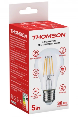 Лампочка светодиодная филаментная прозрачная груша E27 5W Thomson A60 TH-B2058
