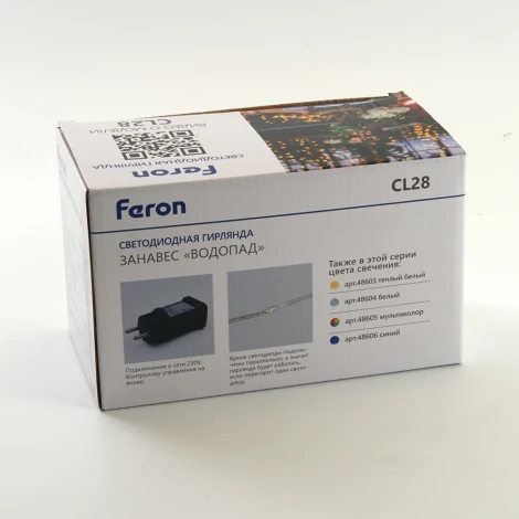 Светодиодная гирлянда Feron CL28 48606 занавес Водопад 3*3м + 3м 220V синий, статичная, c питанием от сети, прозрачный шнур