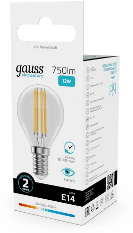 Лампочка светодиодная филаментная Gauss Filament Elementary 52122 Шар 12W 750lm 4100К Е14