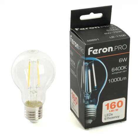 Лампа светодиодная филамент A60 шар 6W 175-265V E27 6400К Feron LB-1106 48891