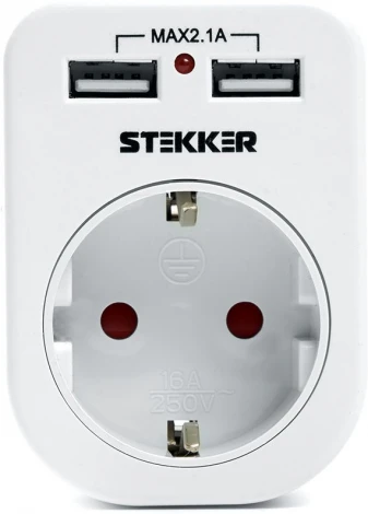 Адаптер переходник с заземлением и 2xUSB (белый) Stekker 39626