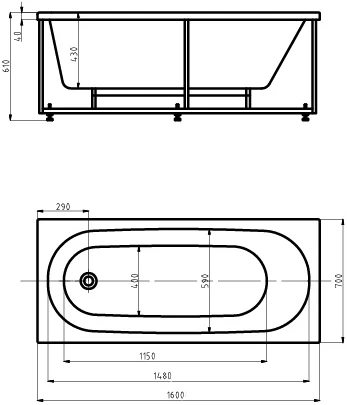 Акриловая ванна Акватек Оберон 160 слив слева