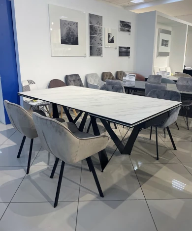 Стол RIETI 200 KL-99 Белый мрамор матовый, итальянская керамика / черный каркас