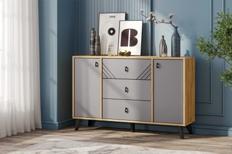 Комод Арника 3 ящика двухстворчатый Байкал, Дуб Золотой, Графит