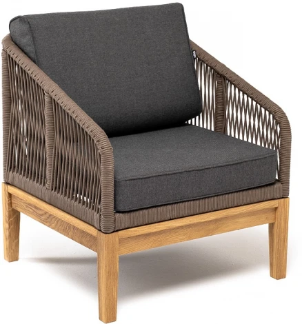 "Канны" кресло плетеное из роупа, основание дуб, роуп коричневый круглый, ткань темно-серая 027 4SIS арт.УТ-00008330