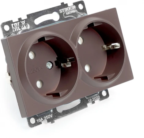 Розетка двойная с заземлением и шторками (коричневый) Stekker Катрин 49030