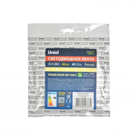 Светодиодная лента Uniel ULS-2835-60LED/m-8mm-IP20-DC24V-6W/m-5M-WW катушка в герметичной упаковке