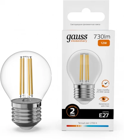Лампочка светодиодная филаментная Gauss Filament Elementary 52212 Шар 12W 730lm 2700К Е27 LED
