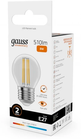 Лампочка светодиодная филаментная Gauss Filament Elementary 52218 Шар 8W 510lm 2700К Е27 LED
