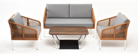 "Канны" лаунж-зона 4-местная из роупа со столом "Глория" цвет "дуб", каркас алюминиевый белый, роуп оранжевый меланж 4SIS арт.УТ-00005961