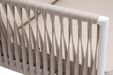 "Касабланка" диван 2-местный плетеный из роупа, каркас алюминий белый муар, роуп бежевый 20мм, ткань бежевая 15052 4SIS арт.УТ-00009934