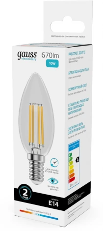Лампочка светодиодная филаментная Gauss Filament Elementary 32120 Свеча 10W 670lm 4100К Е14 LED