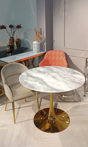 Стол обеденный IST-CASA круглый Остин BS212-100LG, 100х76 см, светло-серый мрамор/золото