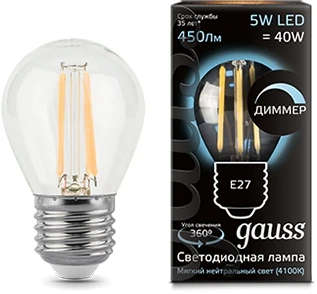 Лампочка светодиодная E27 5 Вт 450 lm 4100K нейтральное белое свечение Gauss Filament 105802205-D