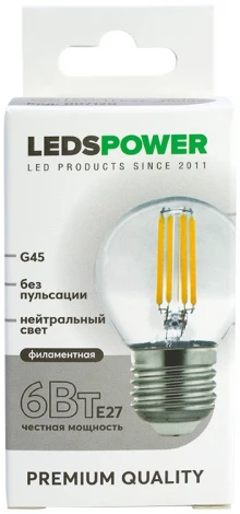 Лампочка светодиодная филаментная E27 6Вт 4000K LEDS POWER 007120