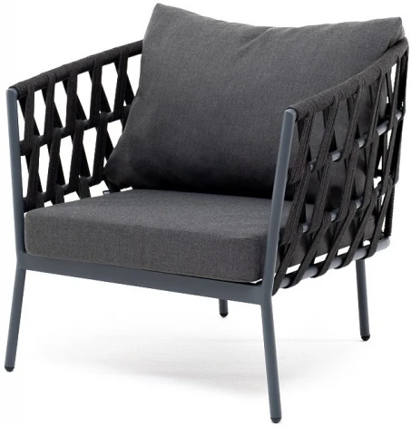 "Диего" кресло плетеное из роупа, каркас алюминий темно-серый (RAL7024) муар, роуп темно-серый круглый, ткань темно-серая 027 4SIS арт.УТ-00006829