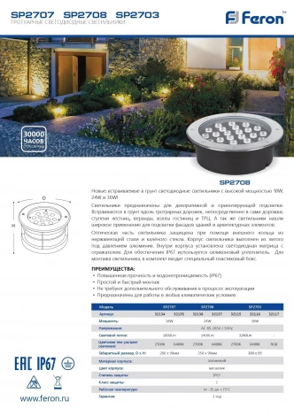 Встраиваемый светильник уличный Feron SP2707 32135 (LED, 220V, круглые, IP67)