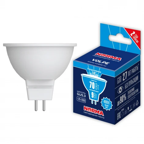 Лампа светодиодная, форма "JCDR", матовая, белый свет 4000K Volpe Norma LED-JCDR-9W/4000K/GU5.3/38D/NR