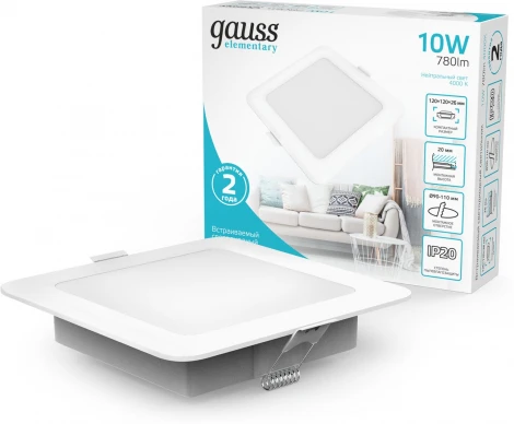 Светильник встраиваемый Gauss Elementary Downlight 998420209 10W 780lm 4000K IP20 белый LED (220V)