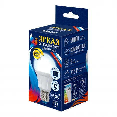 Лампочка светодиодная шар белая E27 12W 4000K Uniel LED-A60 12W/4000K/E27/FR/DIM PLP01WH