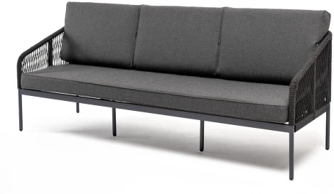 "Канны" диван 3-местный плетеный из роупа, каркас алюминий темно-серый (RAL7024) муар, роуп темно-серый круглый, ткань темно-серая 027 4SIS арт.УТ-00006985