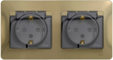 Розетка встраиваемая двойная с заземлением, шторками и крышкой (титан) IP44 Systeme Electric Glossa GSL000447
