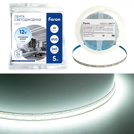 Светодиодная LED лента 240SMD(2835)/м 19Вт/м 12V 6500К Feron LS617 48828