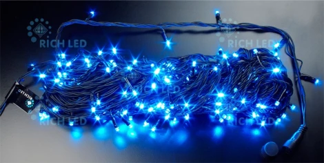 Гирлянда светодиодная синяя 8 режимов свечения 220B, 200 LED, провод черный, IP54 RL-T20C2-B/B Rich LED