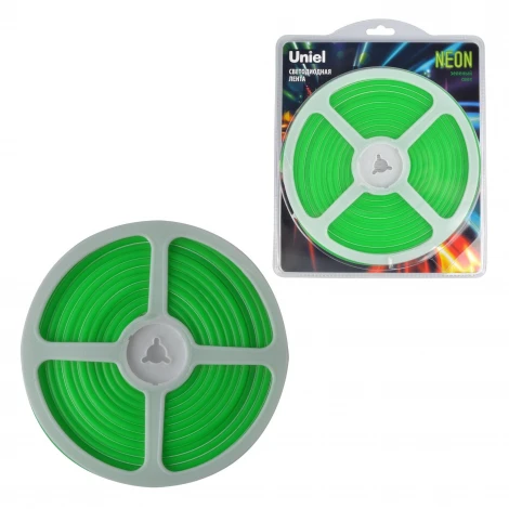 Гибкая светодиодная лента катушка 5м зеленый свет Uniel Neon ULS-N01-2835-120LED/m-6mm-IP67-DC12V-9W/m-5M-GREEN блистер