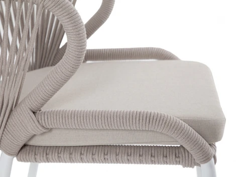 "Милан" стул плетеный из роупа, каркас алюминий белый муар, роуп бежевый круглый, ткань бежевая 15052 4SIS арт.УТ-00010326