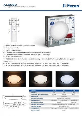 Потолочный светильник круглый с таймером Feron 29786 (LED, 220V, пульт управления, круглые)