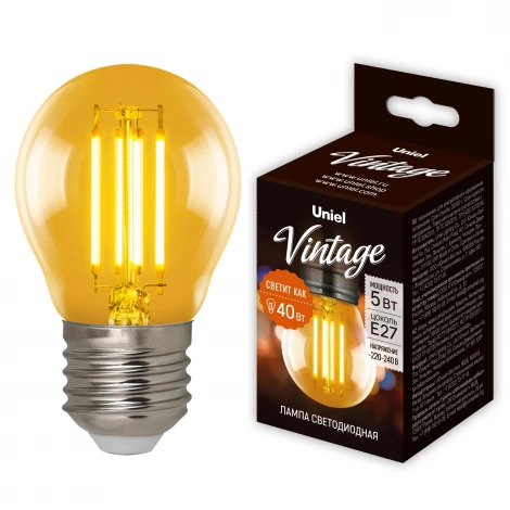 Лампа светодиодная, форма «шар», золотистая колба Uniel Vintage LED-G45-5W/GOLDEN/E27 GLV21GO