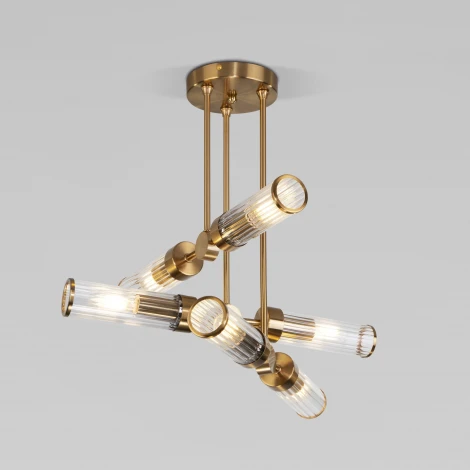 Потолочная люстра Wi-Fi ярусная на штанге Eurosvet Oriens 60166/6 латунь (220V, управление смартфоном, голосовое управление, умный дом - Minimir Home, Алиса, Маруся, Салют)