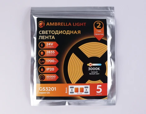Светодиодная лента Ambrella Illumination GS3201 2835 180Led 14.4W/m 24V IP20 3000K 5m