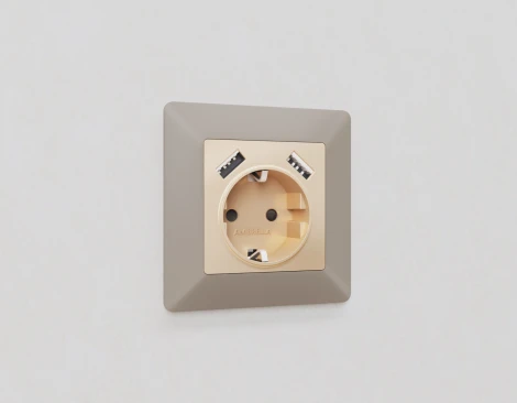 Лицевая панель Ambrella Volt ALFA (Шампань) для электрической розетки с заземлением со шторками 2USB A+A QUANT AP6090