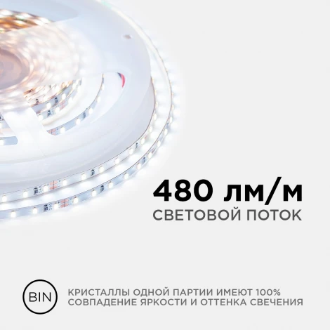Светодиодная лента 24В 5,4Вт/м SMD2216, 120д/м IP20 480Лм/м ширина подложки 4мм, 5м 6500К Apeyron R00-380